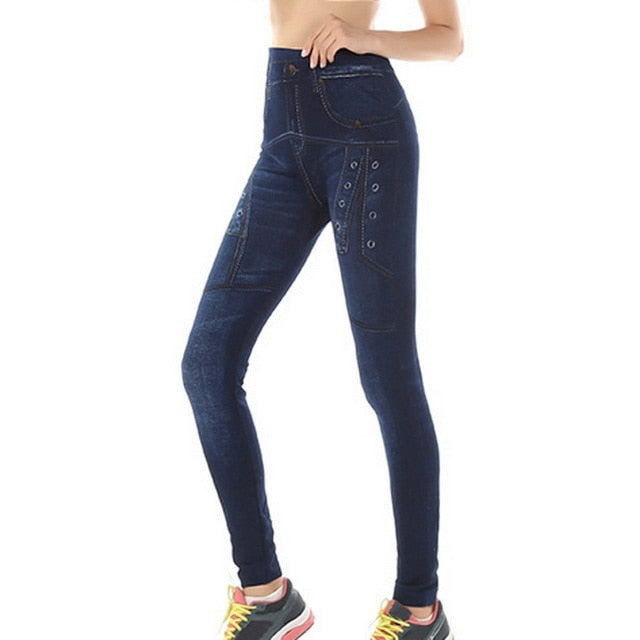 High Waist Faux Jean Leggings Slim Elastic Seamless Plus Size Skinny Pencil Pants Female Pocket Workout Running Leggings