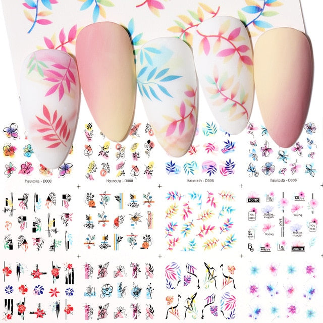 12 Designs Nail Stickers Set Mixed Floral Geometric Nail Art Water Transfer Decals Sliders Flower Leaves Manicures Decoration