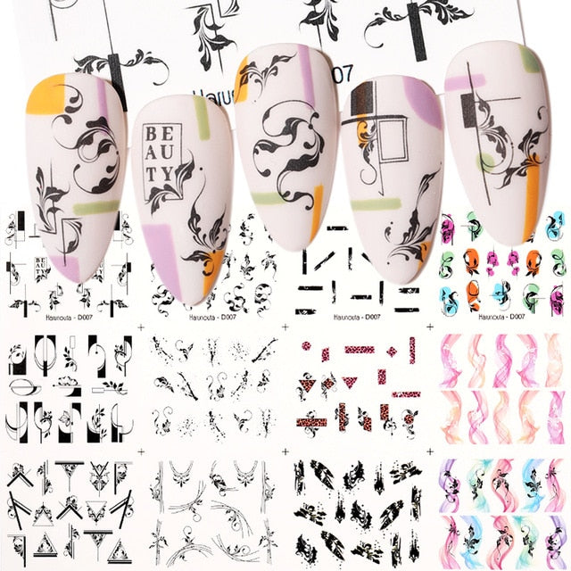 12 Designs Nail Stickers Set Mixed Floral Geometric Nail Art Water Transfer Decals Sliders Flower Leaves Manicures Decoration