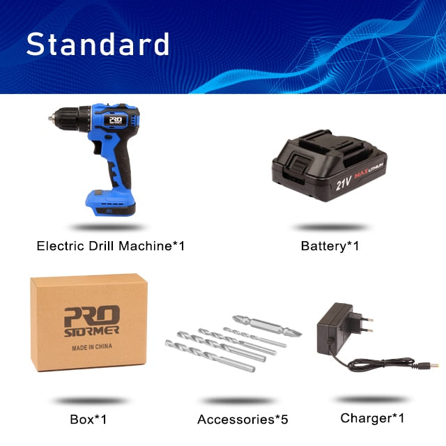 21V Brushless Electric Drill 40NM Cordless Screwdriver 2000mAh Battery Mini Electric Power Screwdriver Drill 5pcs Bit PROSTORMER
