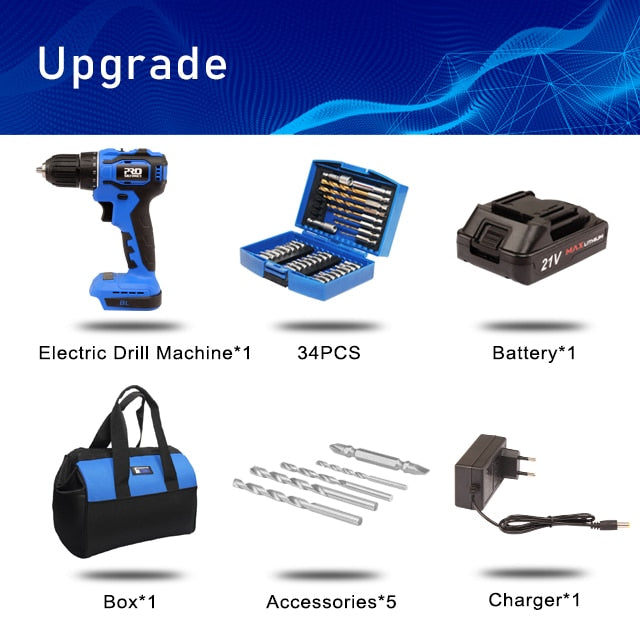 21V Brushless Electric Drill 40NM Cordless Screwdriver 2000mAh Battery Mini Electric Power Screwdriver Drill 5pcs Bit PROSTORMER