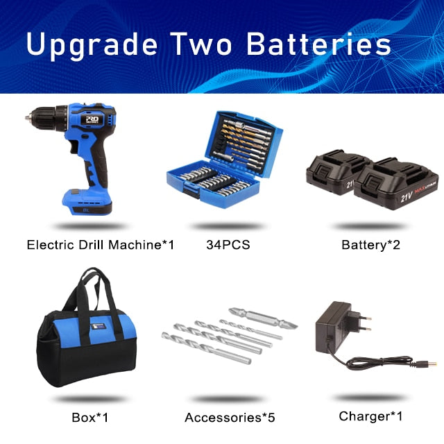 21V Brushless Electric Drill 40NM Cordless Screwdriver 2000mAh Battery Mini Electric Power Screwdriver Drill 5pcs Bit PROSTORMER