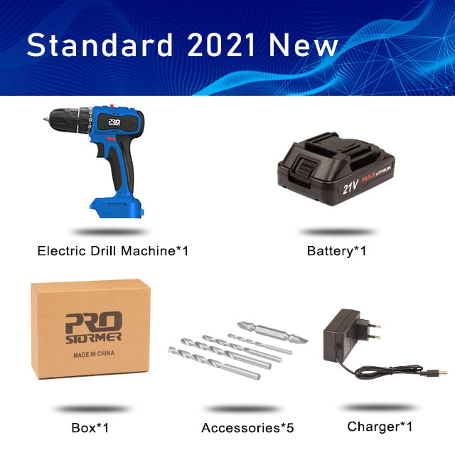 21V Brushless Electric Drill 40NM Cordless Screwdriver 2000mAh Battery Mini Electric Power Screwdriver Drill 5pcs Bit PROSTORMER