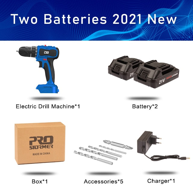 21V Brushless Electric Drill 40NM Cordless Screwdriver 2000mAh Battery Mini Electric Power Screwdriver Drill 5pcs Bit PROSTORMER