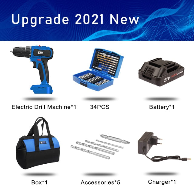 21V Brushless Electric Drill 40NM Cordless Screwdriver 2000mAh Battery Mini Electric Power Screwdriver Drill 5pcs Bit PROSTORMER