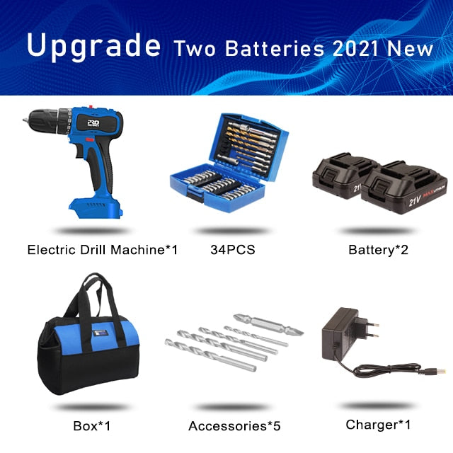21V Brushless Electric Drill 40NM Cordless Screwdriver 2000mAh Battery Mini Electric Power Screwdriver Drill 5pcs Bit PROSTORMER
