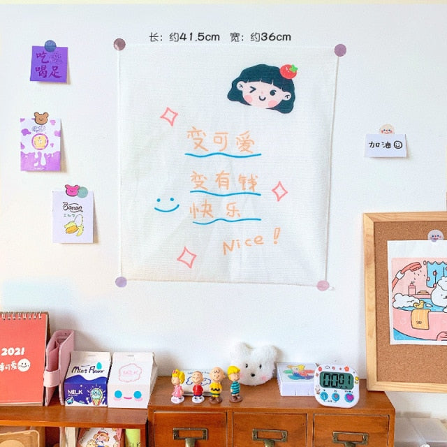 W&G Kawaii Tapestry Wall Hanging Korean Background Cloth Ins Cute Wall Decor 2021 Calendar Tapestry Wall Tumblr Send Stickers