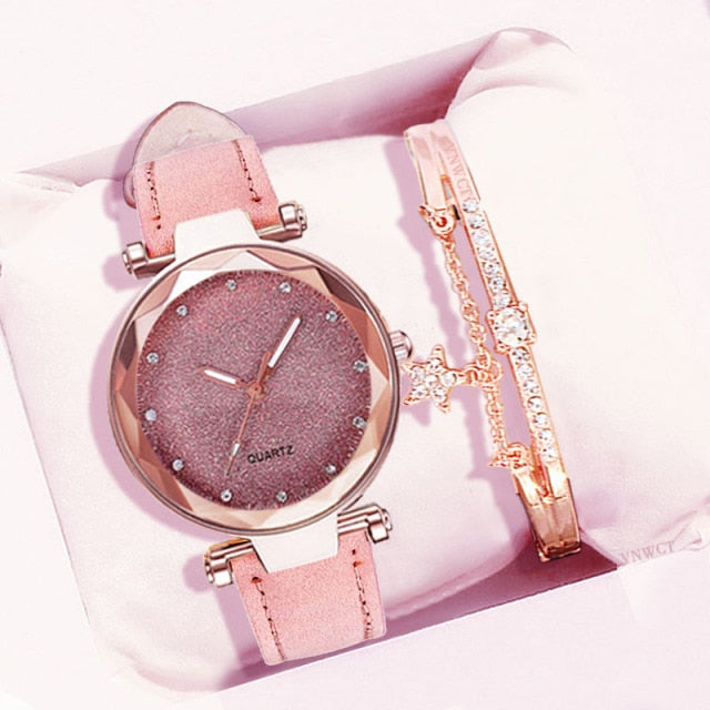 Casual Women Romantic Starry Sky Wrist Watch bracelet Leather Rhinestone Designer Ladies Clock Simple Dress Gfit Montre Femme
