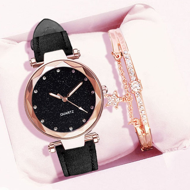 Casual Women Romantic Starry Sky Wrist Watch bracelet Leather Rhinestone Designer Ladies Clock Simple Dress Gfit Montre Femme