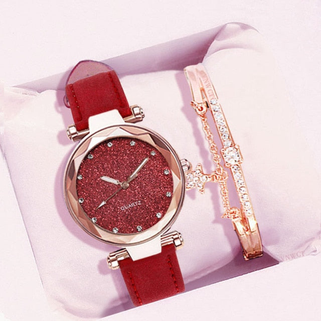 Casual Women Romantic Starry Sky Wrist Watch bracelet Leather Rhinestone Designer Ladies Clock Simple Dress Gfit Montre Femme