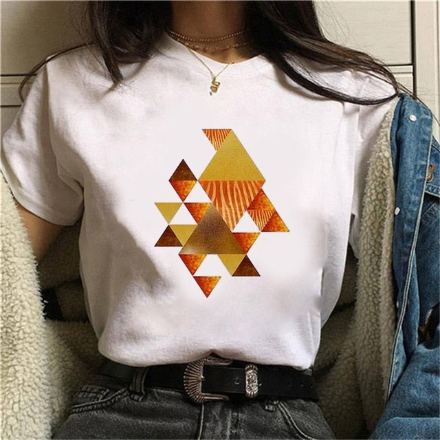 Beautiful geometry printed t shirt women 90s Graphic T-shirt Harajuku Tops Tee Cute Short Sleeve animal tshirt Female Tshirts