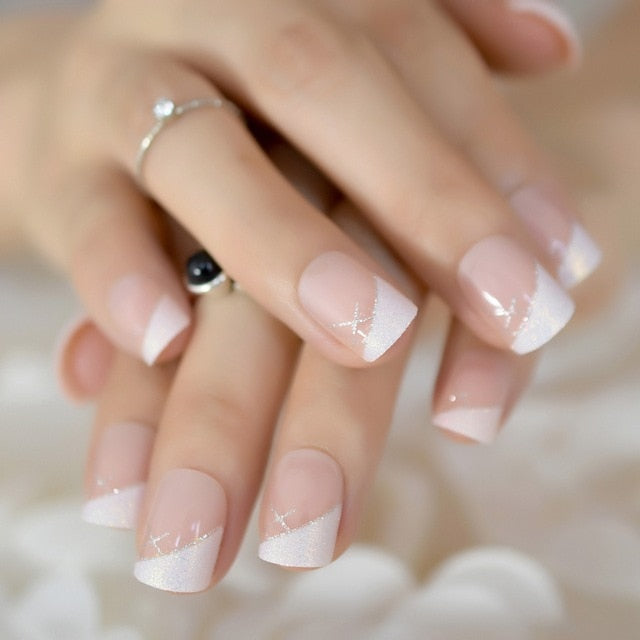 Nude Fake Nails Medium Square False Nail French Press On Nails U Pattern Supplies For Professionals Manicure Shop 24pcs Set