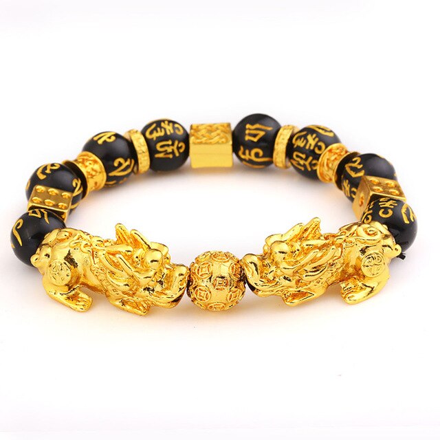 Stone Beads Bracelet Men Women Unisex Chinese Feng Shui Pi Xiu Obsidian Wristband Gold Wealth & Good Luck Women Bracelets