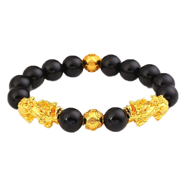 Stone Beads Bracelet Men Women Unisex Chinese Feng Shui Pi Xiu Obsidian Wristband Gold Wealth & Good Luck Women Bracelets