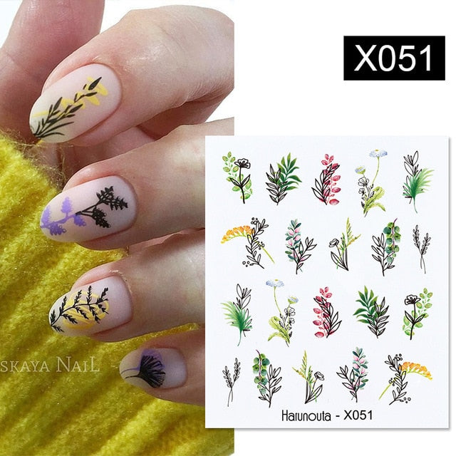 Harunouta Spring Simple Green Theme Water Decal Sticker Flower Leaf Tree Summer DIY Slider For Manicuring Nail Art Watermarks