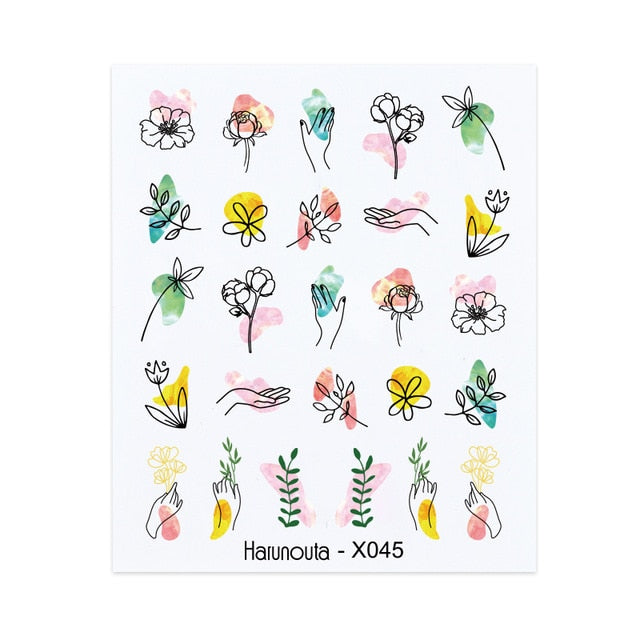 Harunouta Spring Simple Green Theme Water Decal Sticker Flower Leaf Tree Summer DIY Slider For Manicuring Nail Art Watermarks