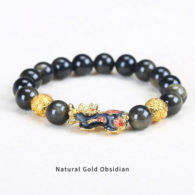 JD Stone Beads Bracelet Men Women Unisex Chinese Feng Shui Pi Xiu Obsidian Wristband Gold Wealth & Good Luck Pixiu Men Bracelet