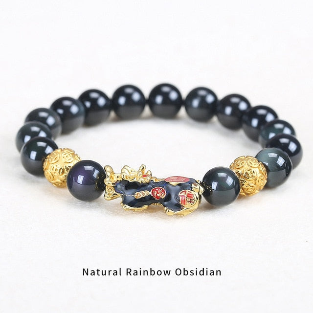 JD Stone Beads Bracelet Men Women Unisex Chinese Feng Shui Pi Xiu Obsidian Wristband Gold Wealth & Good Luck Pixiu Men Bracelet