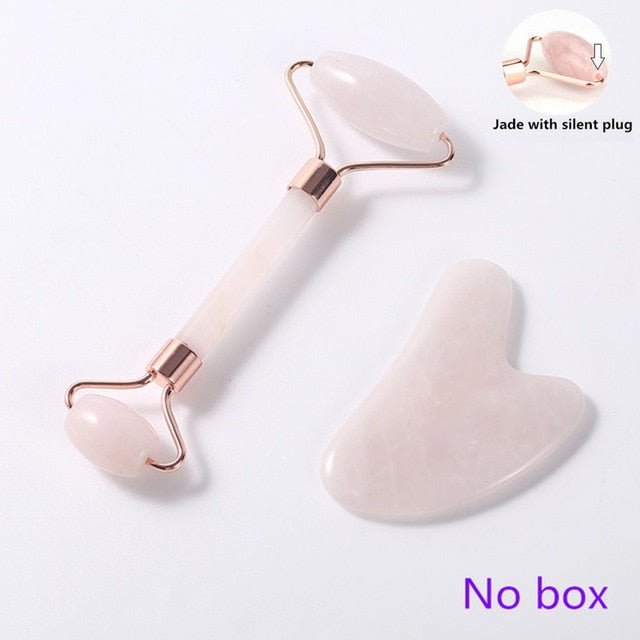 Rose Quartz Roller Facial Massager Powder Crystal Roller Jade Roller Scraper Mask Brush Three-piece Beauty Face-lifting Tool