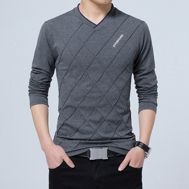 BROWON 2021 Fashion Men T-shirt Slim Fit Custom T-shirt Crease Design Long Stylish Luxury V Neck Fitness T-shirt Tee Shirt Homme