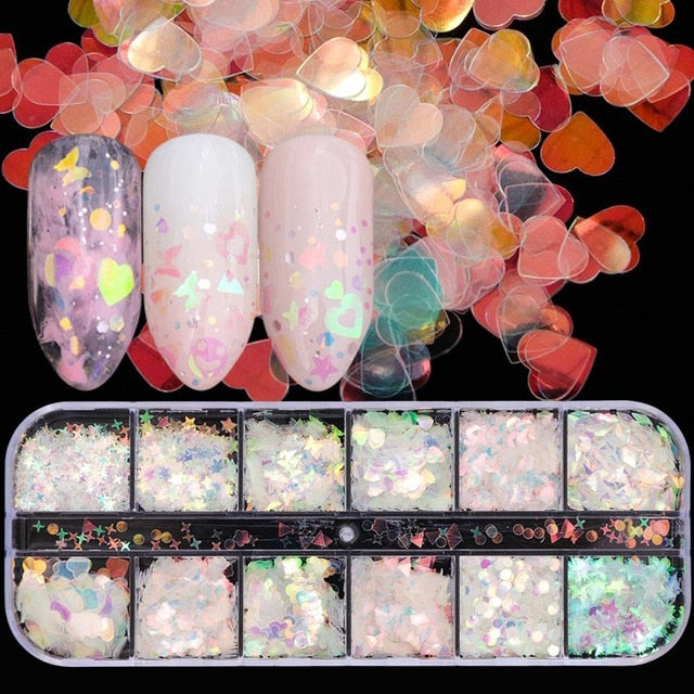 33 Styles Nail Art Sequins 12 Grid Boxed Nail Gold and Silver Glitter Heart-shaped Butterfly Patch Set Nails Nail Supplies