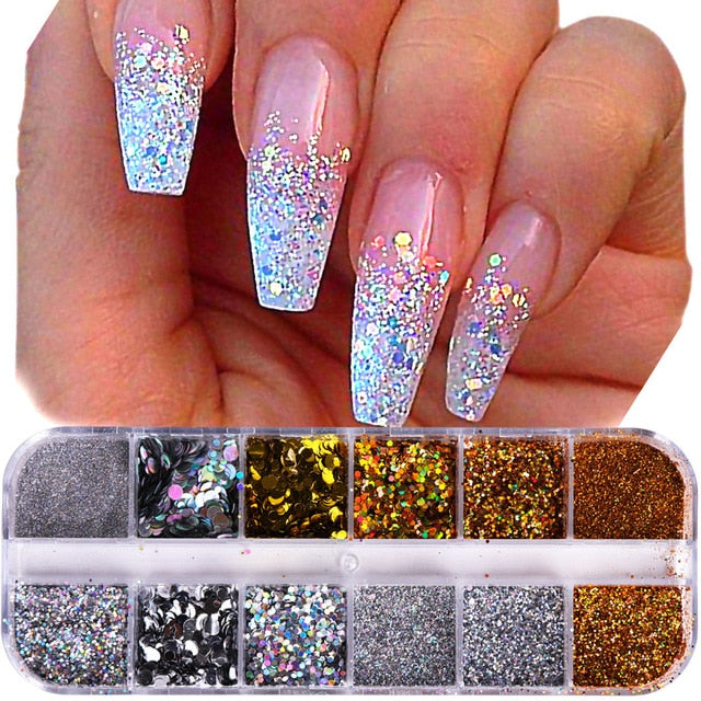 33 Styles Nail Art Sequins 12 Grid Boxed Nail Gold and Silver Glitter Heart-shaped Butterfly Patch Set Nails Nail Supplies