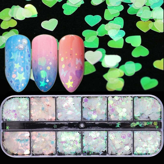 33 Styles Nail Art Sequins 12 Grid Boxed Nail Gold and Silver Glitter Heart-shaped Butterfly Patch Set Nails Nail Supplies