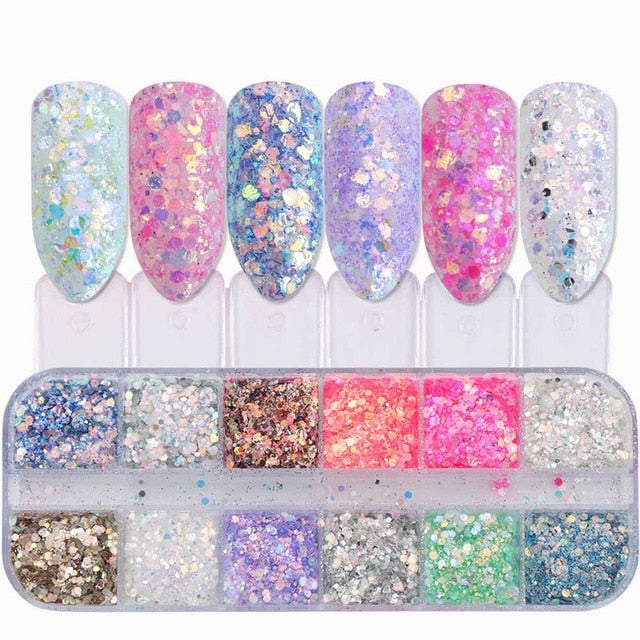 33 Styles Nail Art Sequins 12 Grid Boxed Nail Gold and Silver Glitter Heart-shaped Butterfly Patch Set Nails Nail Supplies