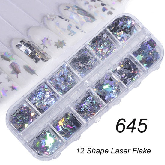 33 Styles Nail Art Sequins 12 Grid Boxed Nail Gold and Silver Glitter Heart-shaped Butterfly Patch Set Nails Nail Supplies
