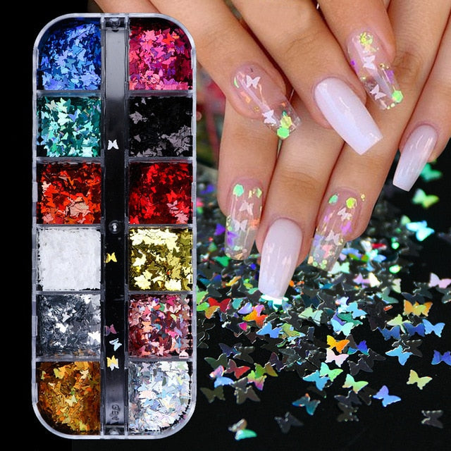 33 Styles Nail Art Sequins 12 Grid Boxed Nail Gold and Silver Glitter Heart-shaped Butterfly Patch Set Nails Nail Supplies