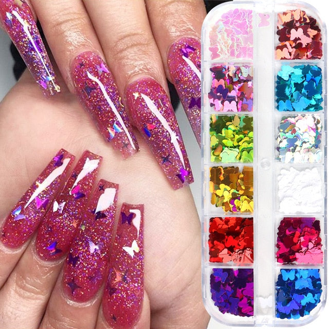 33 Styles Nail Art Sequins 12 Grid Boxed Nail Gold and Silver Glitter Heart-shaped Butterfly Patch Set Nails Nail Supplies