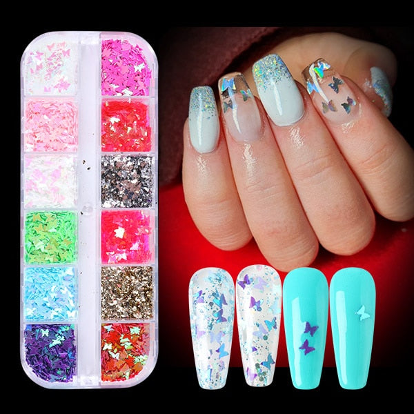 33 Styles Nail Art Sequins 12 Grid Boxed Nail Gold and Silver Glitter Heart-shaped Butterfly Patch Set Nails Nail Supplies