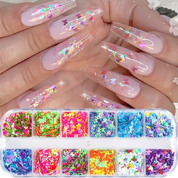 33 Styles Nail Art Sequins 12 Grid Boxed Nail Gold and Silver Glitter Heart-shaped Butterfly Patch Set Nails Nail Supplies
