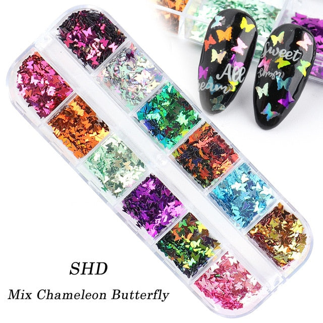 33 Styles Nail Art Sequins 12 Grid Boxed Nail Gold and Silver Glitter Heart-shaped Butterfly Patch Set Nails Nail Supplies