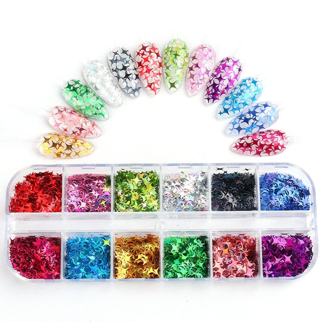 33 Styles Nail Art Sequins 12 Grid Boxed Nail Gold and Silver Glitter Heart-shaped Butterfly Patch Set Nails Nail Supplies