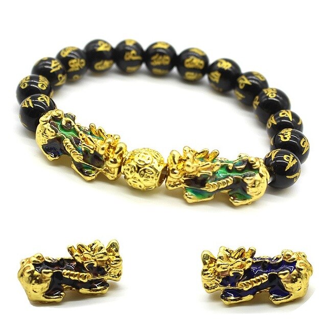 Color-Changing Men's Bracelet Feng Shui Obsidian with Gold-Plating Pi Xiu Bracelet Women Men Wealth Brave Jewelry