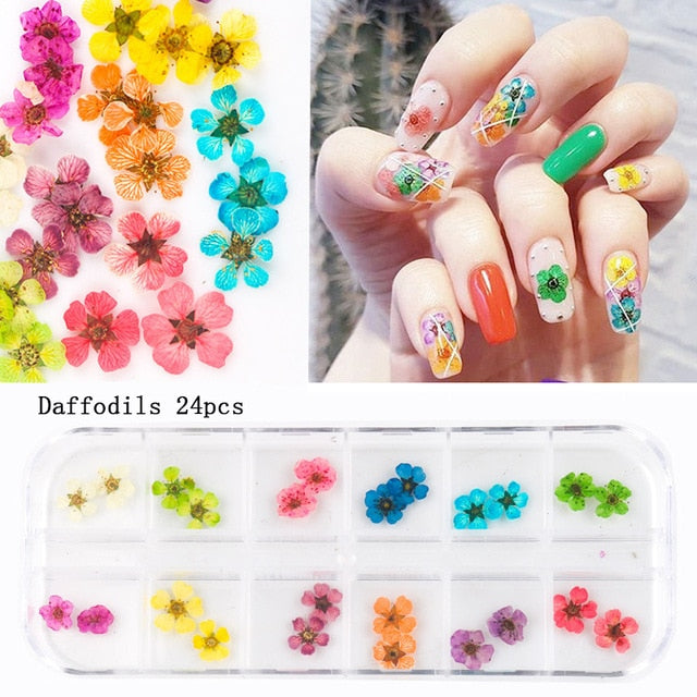 24/36/48/60PCS Natural Dried Flowers Nail Art for Women Girl DIY Nail Designs 3D Japanese Nail Art Decorations Nail Supplies