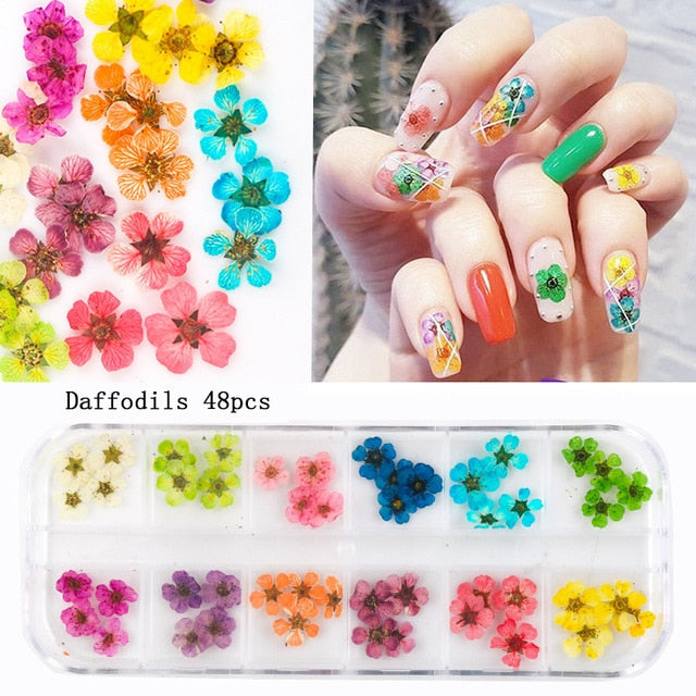 24/36/48/60PCS Natural Dried Flowers Nail Art for Women Girl DIY Nail Designs 3D Japanese Nail Art Decorations Nail Supplies
