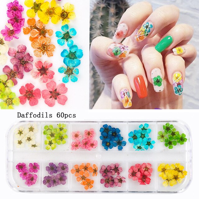 24/36/48/60PCS Natural Dried Flowers Nail Art for Women Girl DIY Nail Designs 3D Japanese Nail Art Decorations Nail Supplies