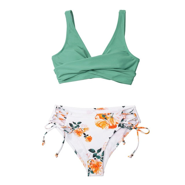 CUPSHE Yellow And Lemon Print Mid-Waist Bikini Sets Swimsuit Women Sexy Lace Up Two Pieces Swimwear 2021 New Beach Bathing Suits