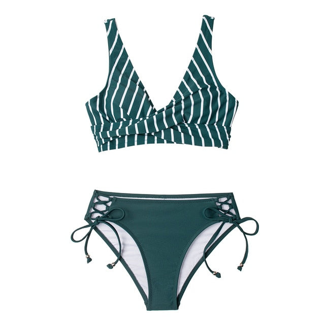 CUPSHE Yellow And Lemon Print Mid-Waist Bikini Sets Swimsuit Women Sexy Lace Up Two Pieces Swimwear 2021 New Beach Bathing Suits