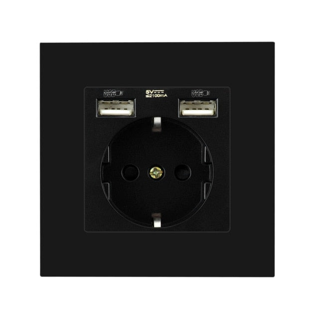 USB Plug Socket EU Standard Power Socket Double Wall Usb Socket Charger AC110V-250V 16A Crystal Glass Panel/Plastic Panel