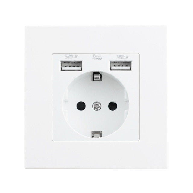 USB Plug Socket EU Standard Power Socket Double Wall Usb Socket Charger AC110V-250V 16A Crystal Glass Panel/Plastic Panel