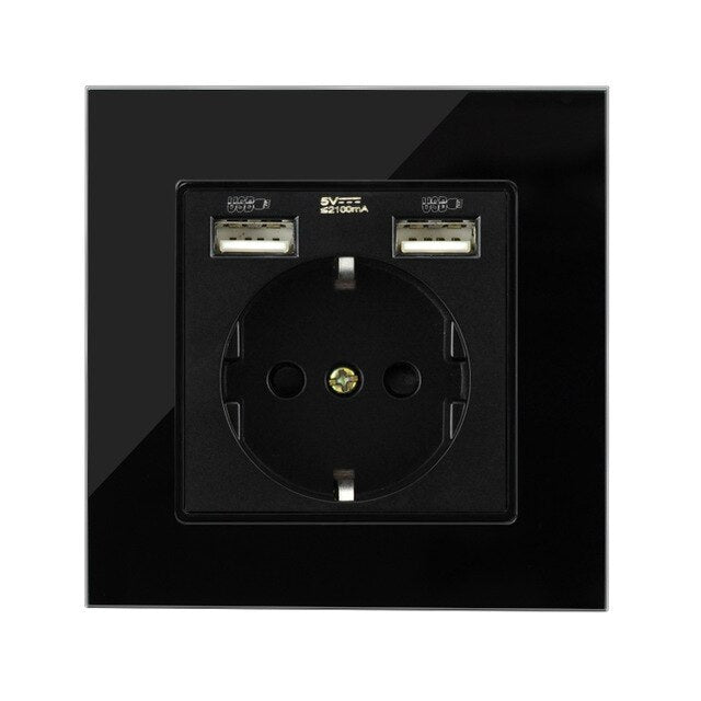 USB Plug Socket EU Standard Power Socket Double Wall Usb Socket Charger AC110V-250V 16A Crystal Glass Panel/Plastic Panel