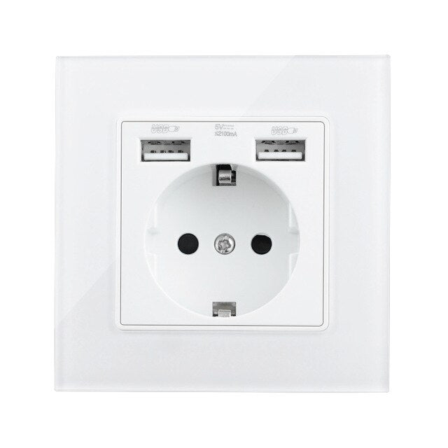USB Plug Socket EU Standard Power Socket Double Wall Usb Socket Charger AC110V-250V 16A Crystal Glass Panel/Plastic Panel