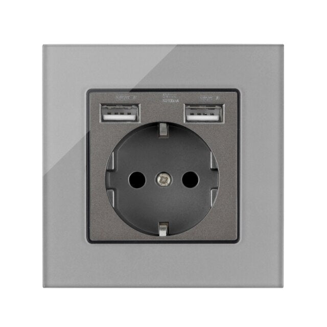USB Plug Socket EU Standard Power Socket Double Wall Usb Socket Charger AC110V-250V 16A Crystal Glass Panel/Plastic Panel