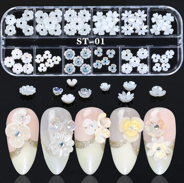 1 Box Colorful Various Petal Flowers Bow Ties Glazed Pearl 3d Nail Art Decorations Charms Nail Glitter Supplies Tools Jewelry