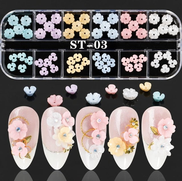 1 Box Colorful Various Petal Flowers Bow Ties Glazed Pearl 3d Nail Art Decorations Charms Nail Glitter Supplies Tools Jewelry