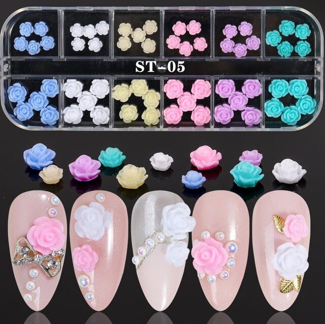 1 Box Colorful Various Petal Flowers Bow Ties Glazed Pearl 3d Nail Art Decorations Charms Nail Glitter Supplies Tools Jewelry