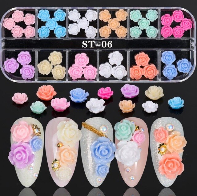 1 Box Colorful Various Petal Flowers Bow Ties Glazed Pearl 3d Nail Art Decorations Charms Nail Glitter Supplies Tools Jewelry